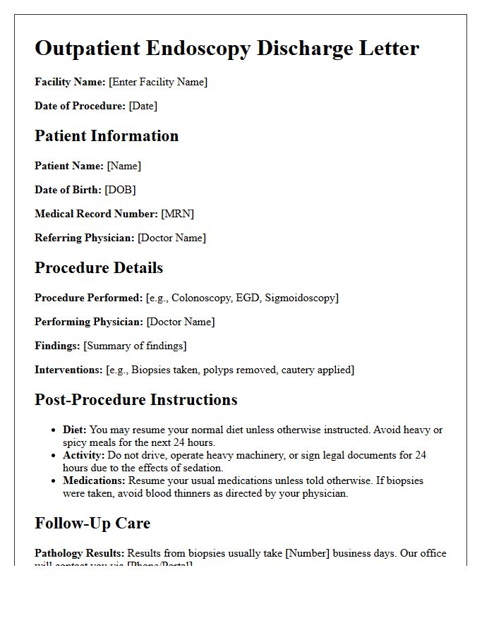 Outpatient Gastroenterology Endoscopy Discharge Letter