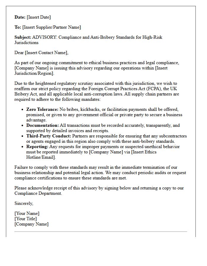 High-Risk Jurisdiction Supply Chain Anti-Bribery Advisory Letter