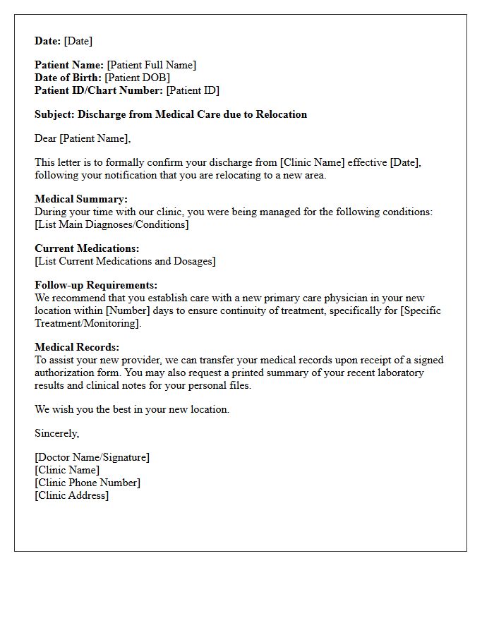 Patient Relocation Medical Clinic Discharge Letter