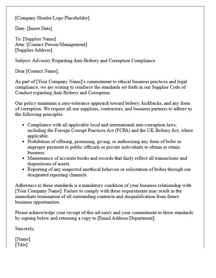 Supplier Code Of Conduct Anti-Bribery Advisory Letter