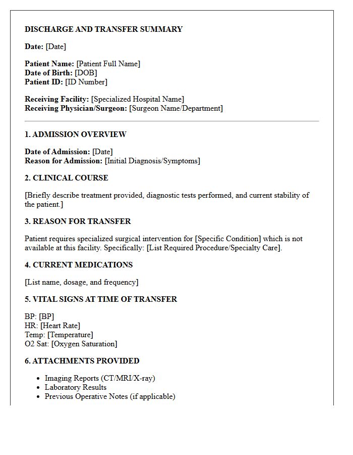 Transfer to Specialized Surgical Care Discharge Letter