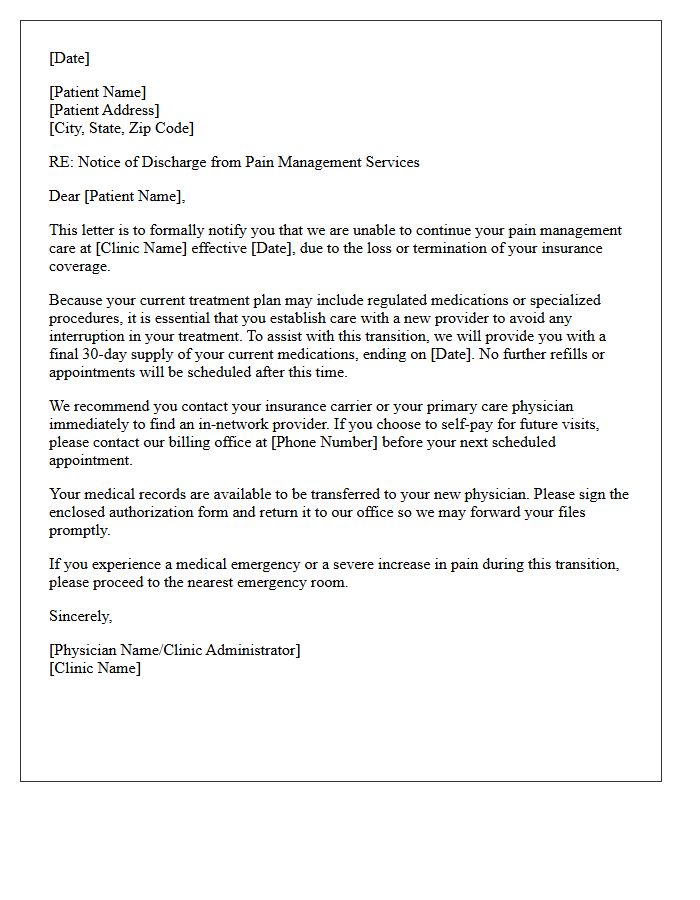 Loss of Insurance Coverage Pain Management Discharge Letter