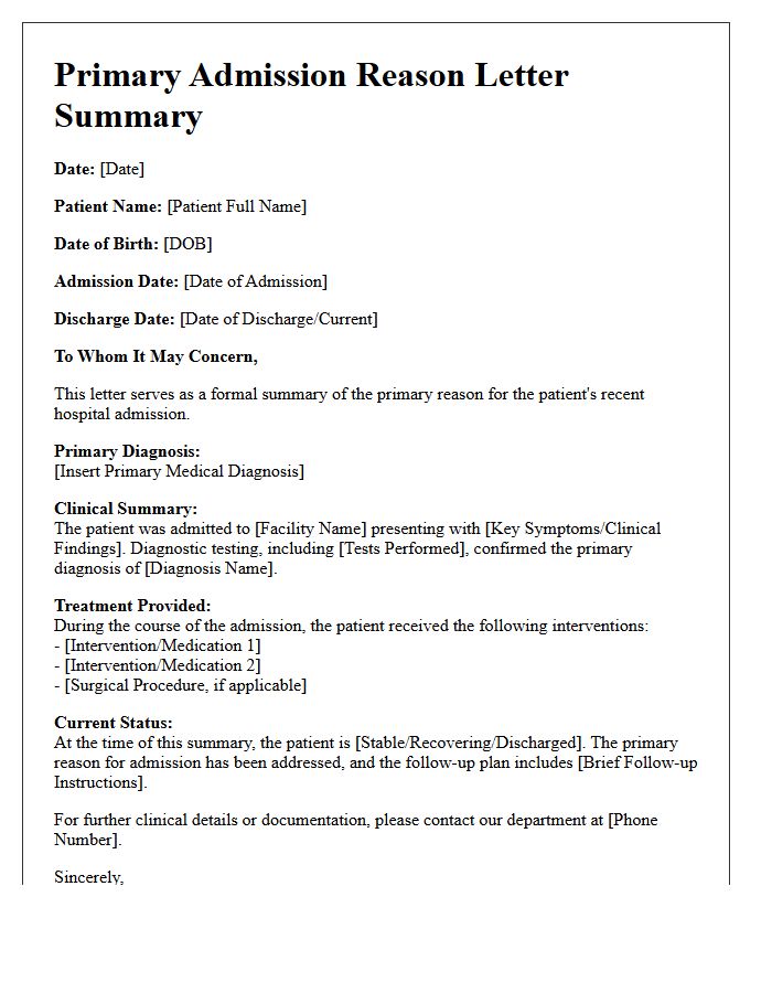 Primary Admission Reason Letter Summary