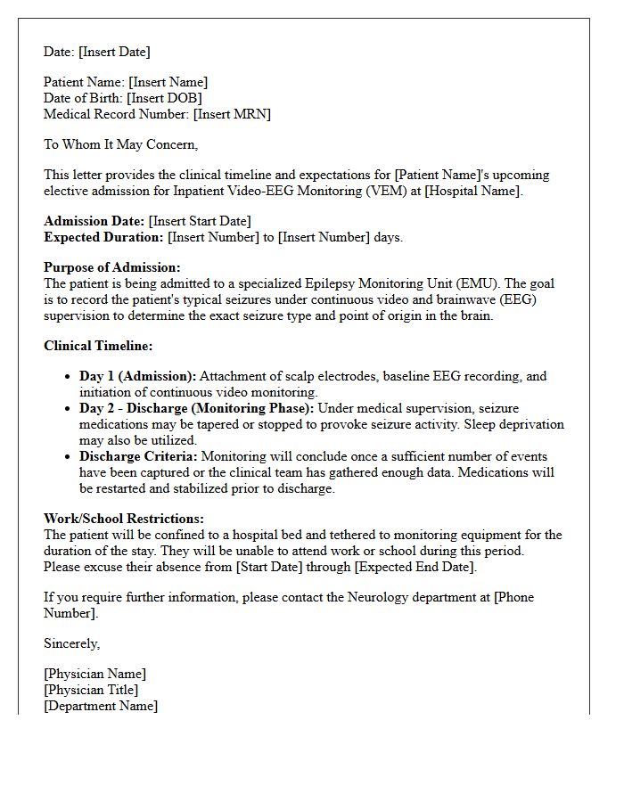 Inpatient Seizure Monitoring Letter Timeline