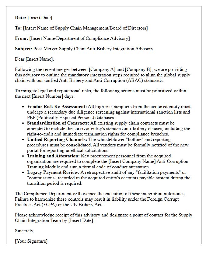 Post-Merger Supply Chain Anti-Bribery Integration Advisory Letter