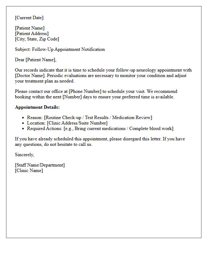 Neurology Clinic Follow-Up Letter Schedule