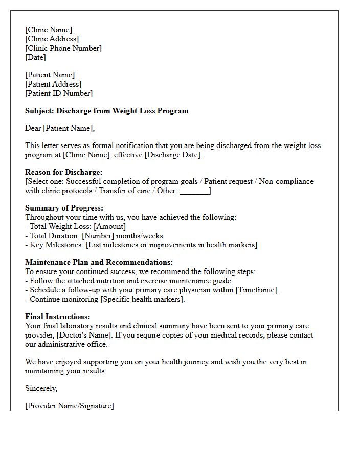Weight Loss Clinic Patient Discharge Letter
