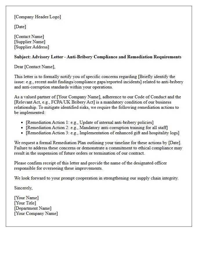 Supply Chain Anti-Bribery Remediation Advisory Letter