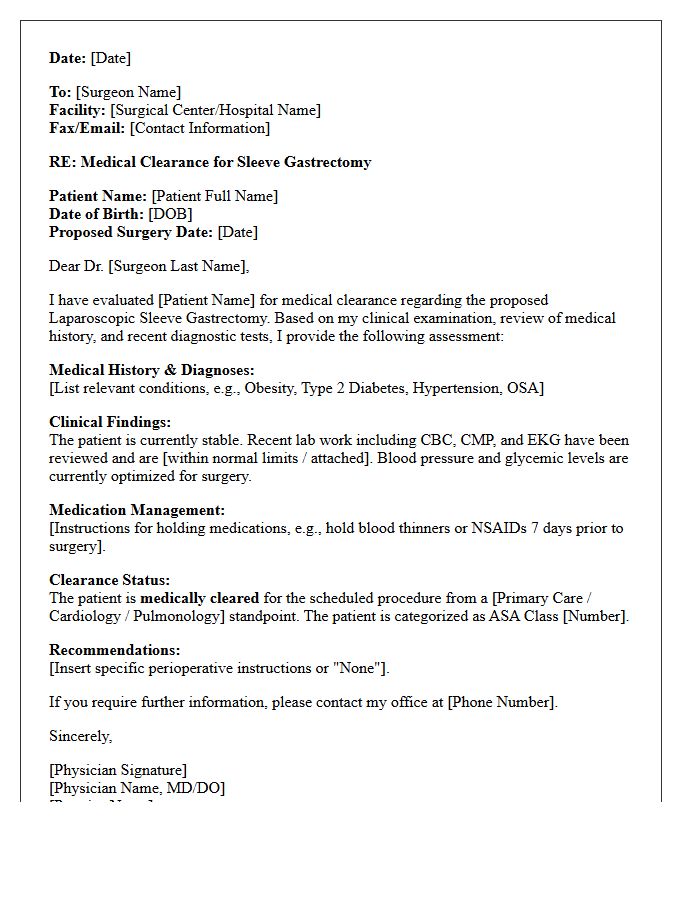 Sleeve Gastrectomy Medical Clearance Discharge Letter