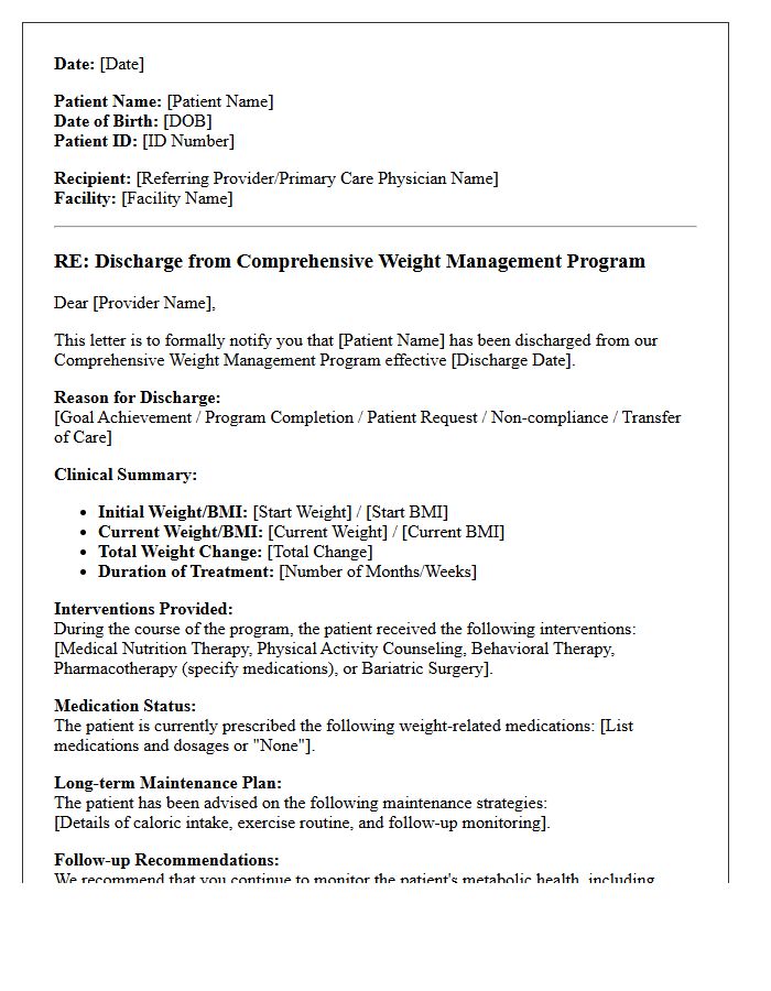 Comprehensive Weight Management Discharge Letter