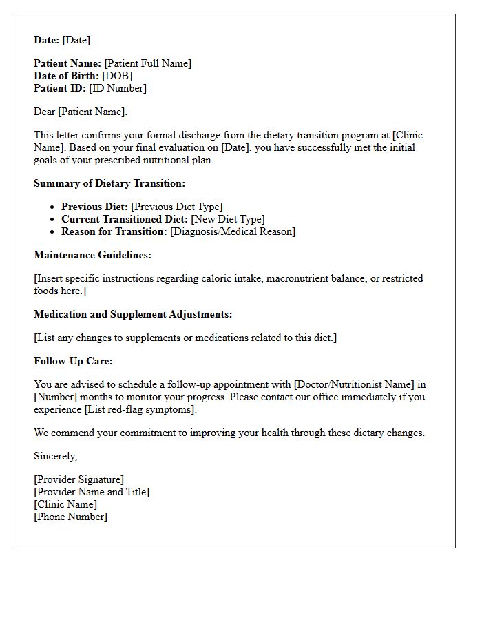 Medical Clinic Dietary Transition Discharge Letter