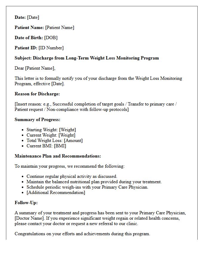 Long-Term Weight Loss Monitoring Discharge Letter