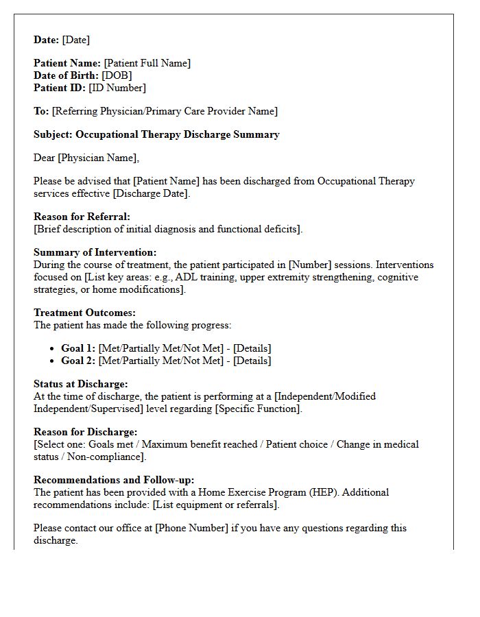 Standard Occupational Therapy Discharge Letter