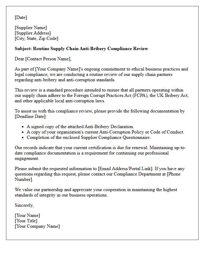 Routine Supply Chain Anti-Bribery Compliance Review Letter