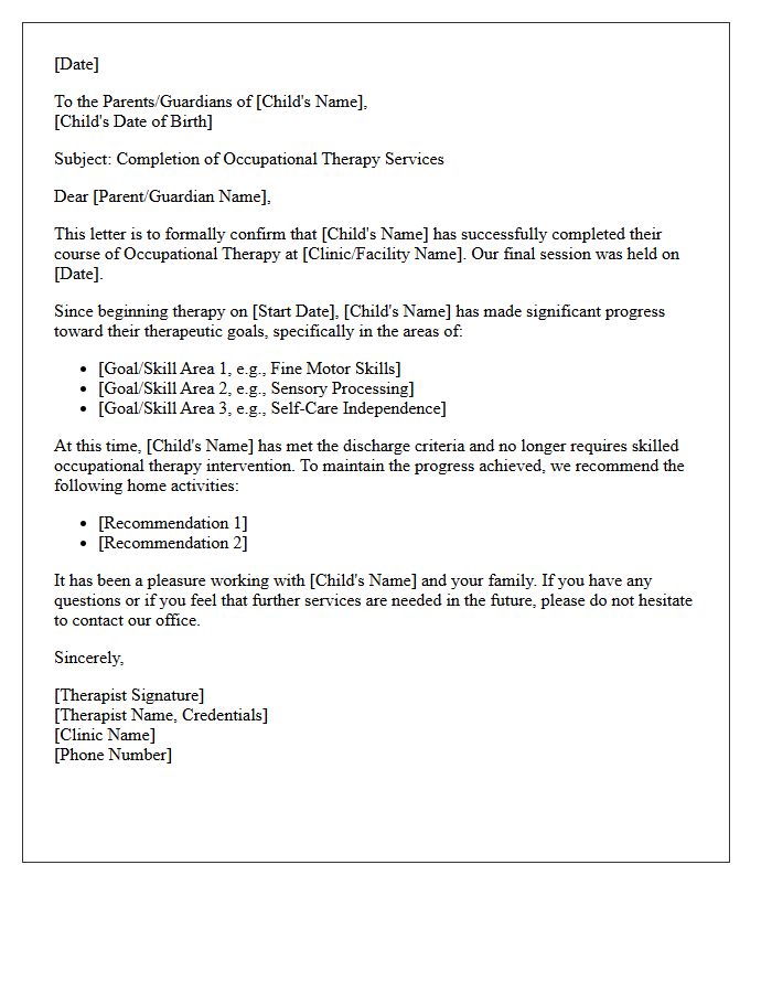 Pediatric Occupational Therapy Completion Letter