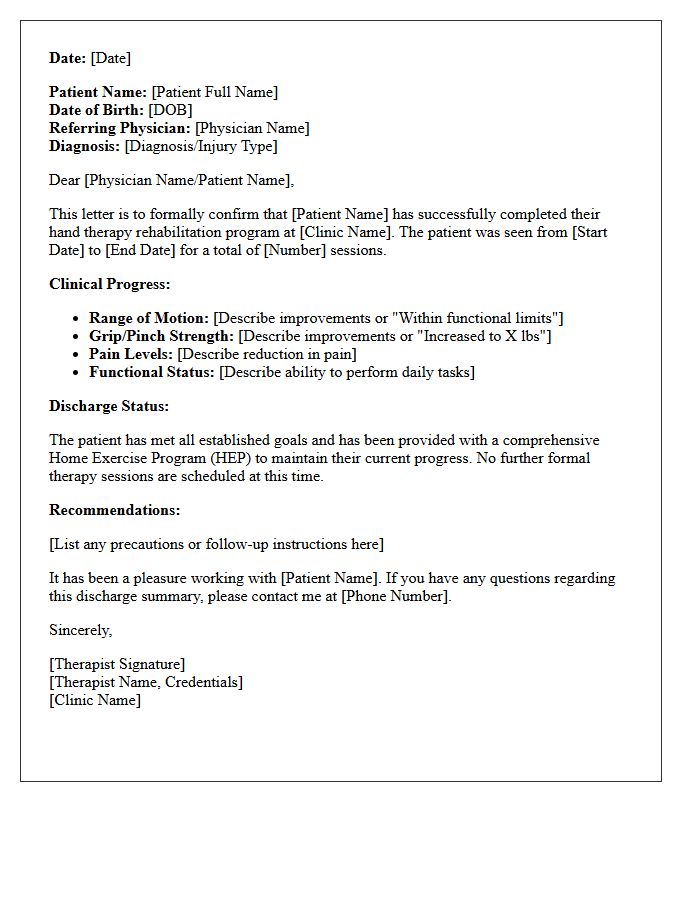 Hand Therapy Rehabilitation Completion Letter