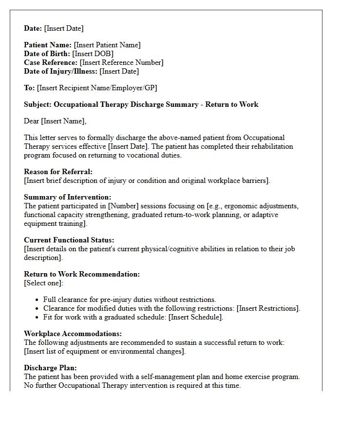 Return To Work Occupational Therapy Discharge Letter