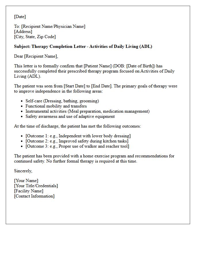 Activities Of Daily Living Therapy Completion Letter