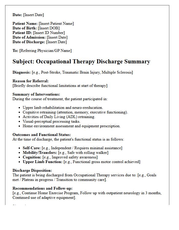 Neurological Occupational Therapy Discharge Letter