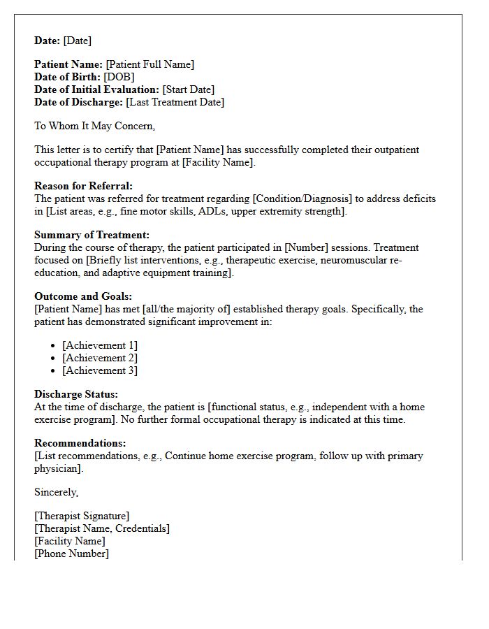 Outpatient Occupational Therapy Completion Letter