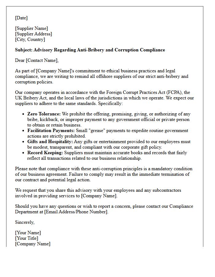 Offshore Supplier Anti-Bribery Compliance Advisory Letter
