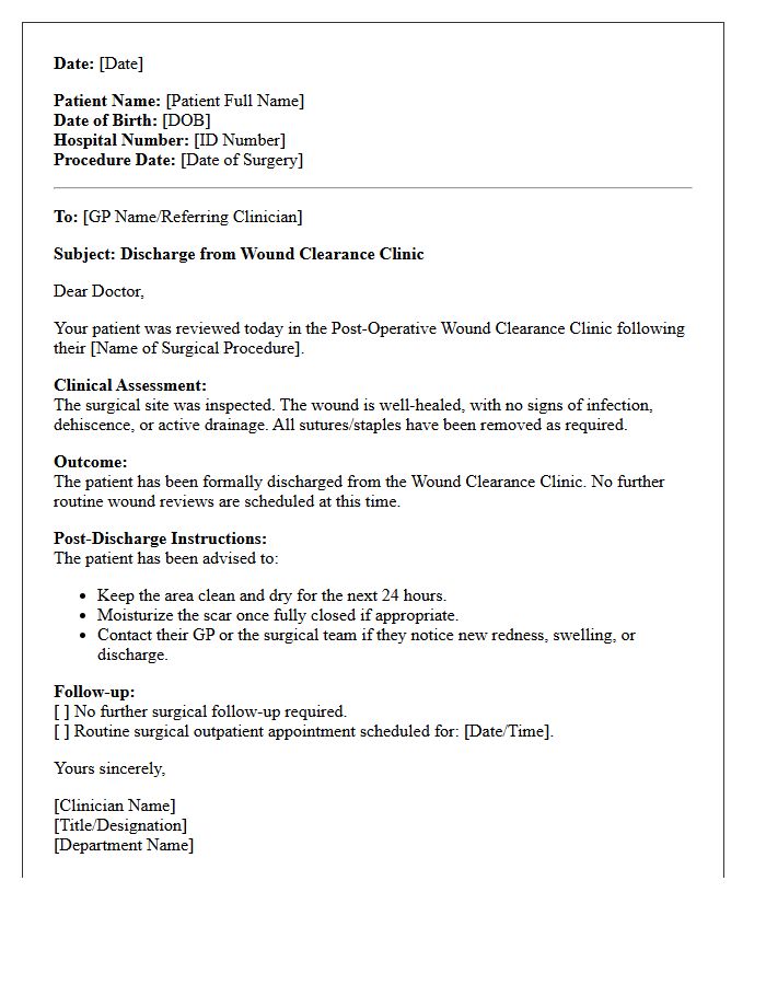 Post-Operative Wound Clearance Clinic Discharge Letter