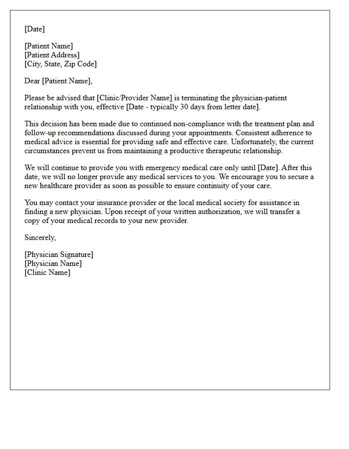 Non-Compliant Patient Clinic Dismissal Discharge Letter