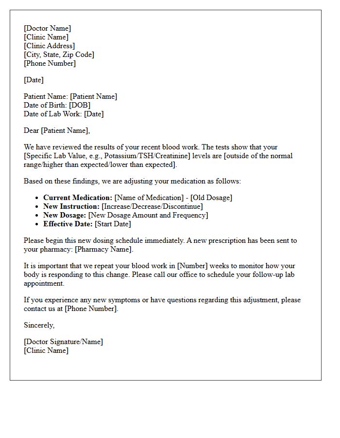 Medication Adjustment for Abnormal Blood Work Results Letter
