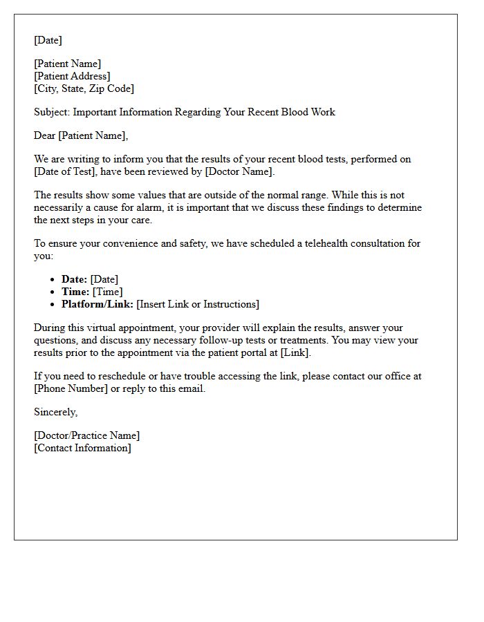 Telehealth Consultation for Abnormal Blood Work Results Letter