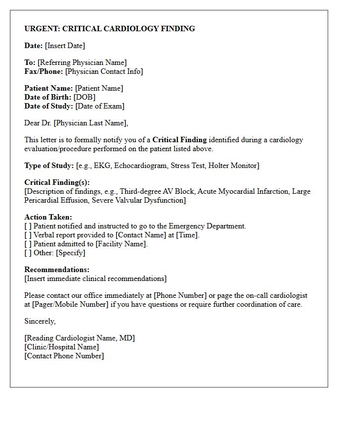 Immediate Cardiology Critical Findings Notification Letter