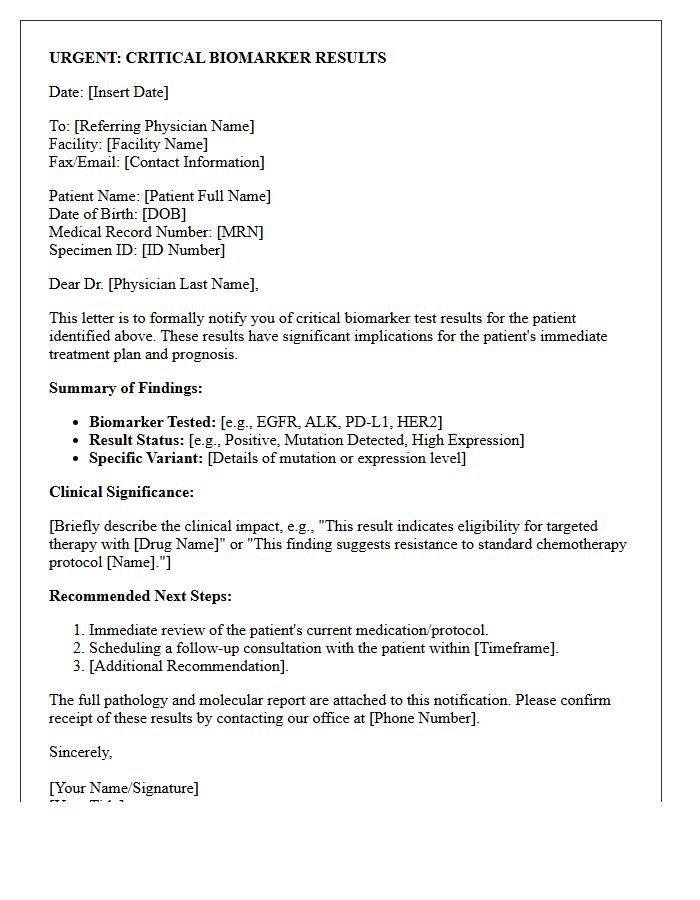 Urgent Oncology Critical Biomarker Results Letter