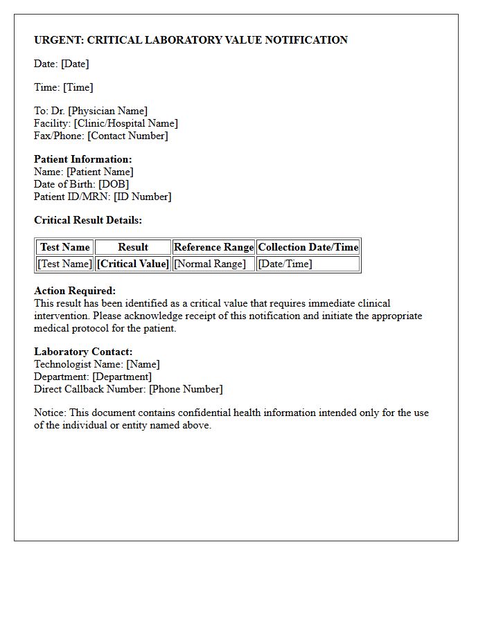 Urgent Laboratory Critical Value Notification Letter