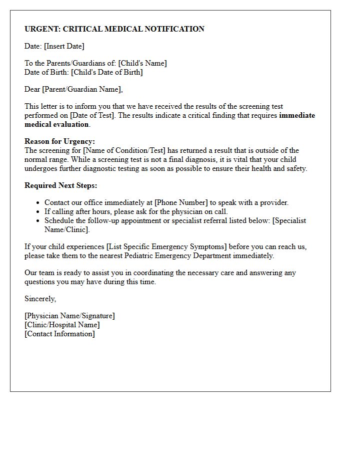Urgent Pediatric Critical Screening Results Letter