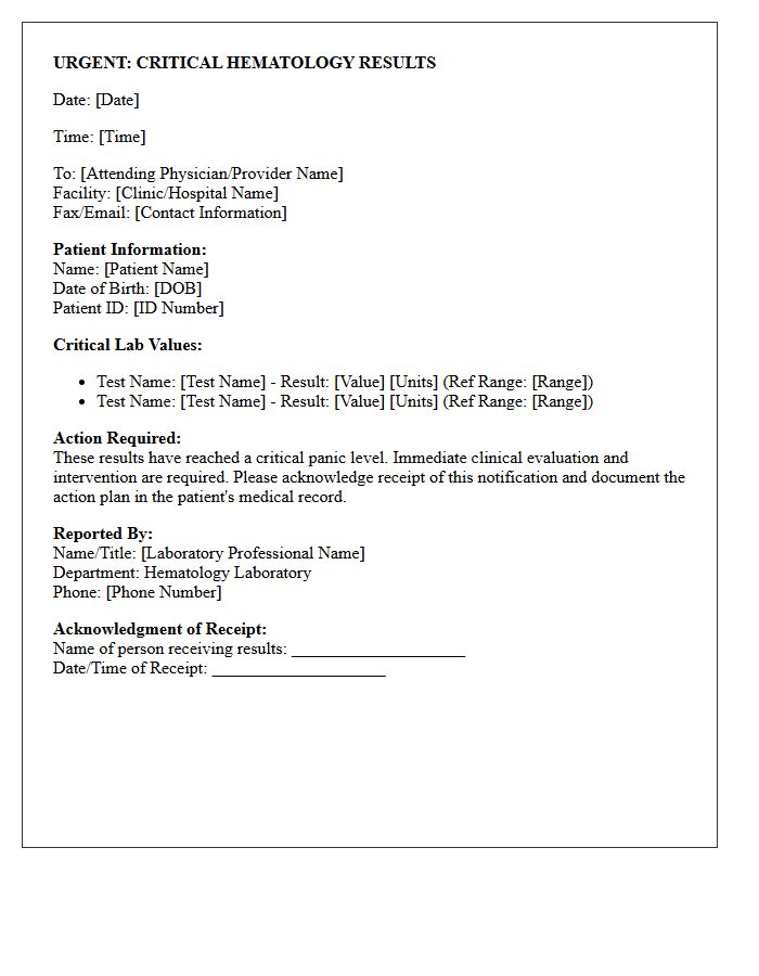 Critical Hematology Urgent Action Notification Letter