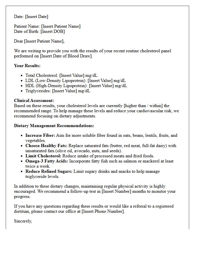 Routine Cholesterol Panel Results Dietary Management Letter