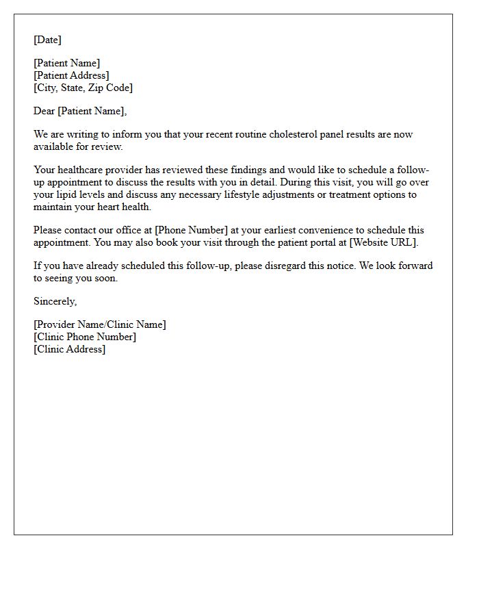 Routine Cholesterol Panel Results Follow-Up Appointment Letter