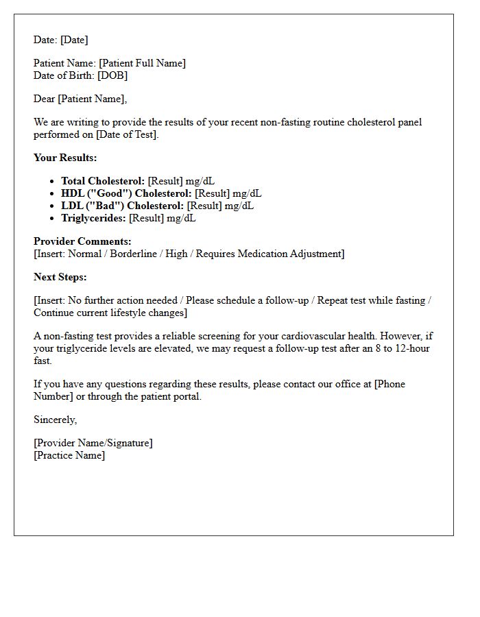 Non-Fasting Routine Cholesterol Panel Results Letter