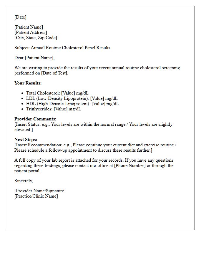 Annual Routine Cholesterol Panel Results Letter