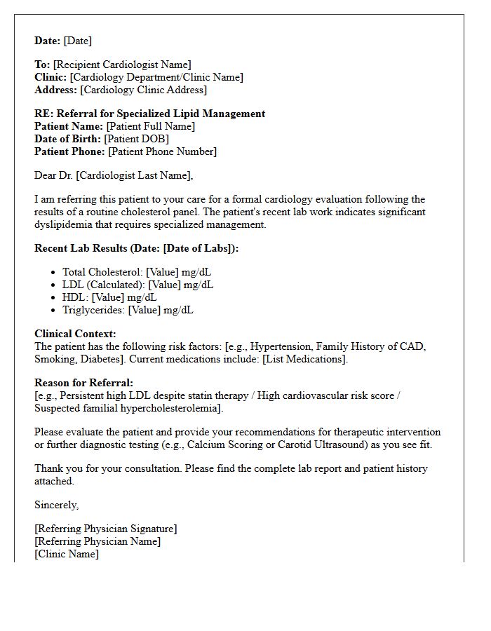 Routine Cholesterol Panel Results Cardiology Referral Letter