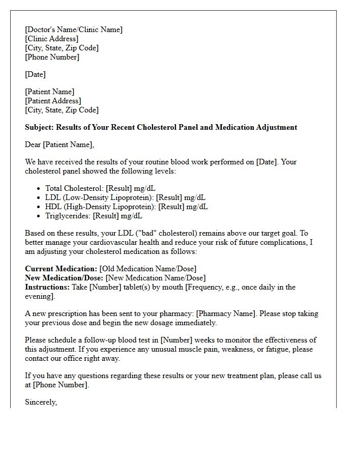Routine Cholesterol Panel Results Medication Adjustment Letter
