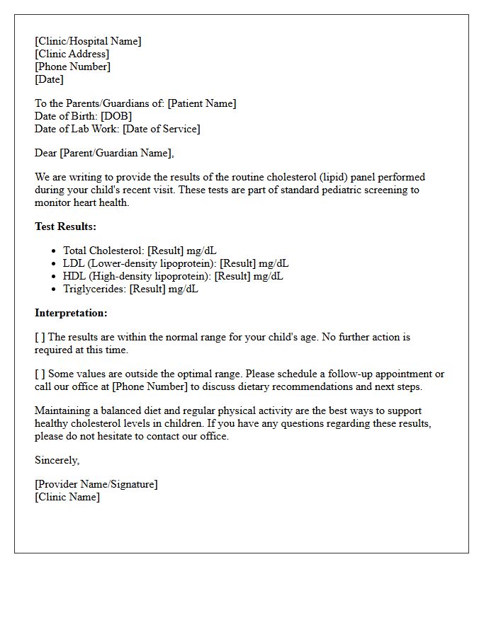Pediatric Routine Cholesterol Panel Results Letter