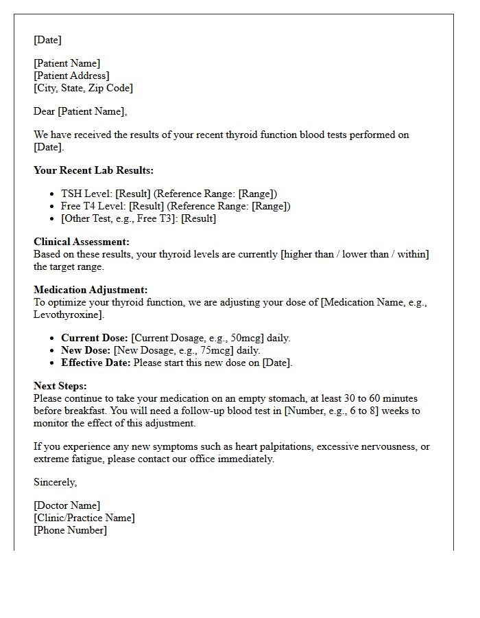 Thyroid Function Test Results and Medication Adjustment Letter