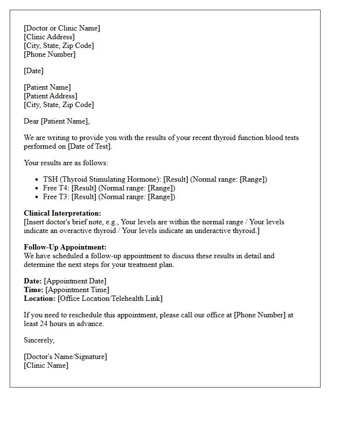 Thyroid Function Test Results and Follow-Up Appointment Letter