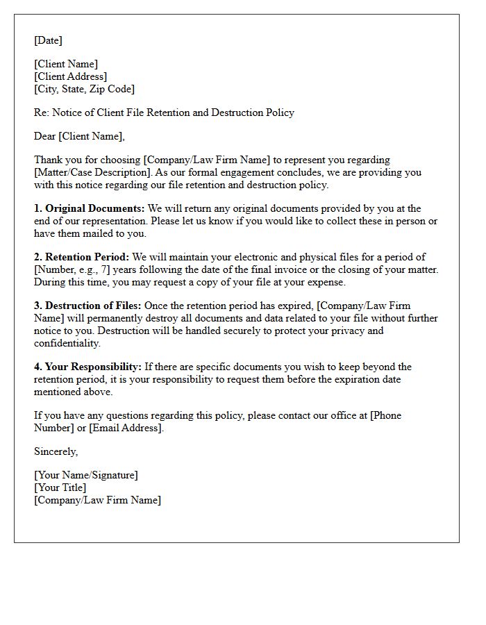 Client File Retention and Destruction Letter Policy
