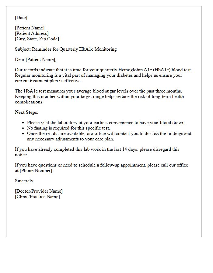 Quarterly Diabetes Hemoglobin A1C Monitoring Letter