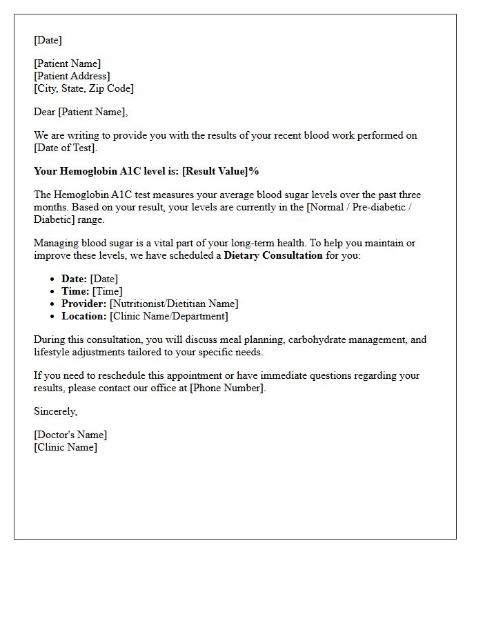 Hemoglobin A1C Results and Dietary Consultation Letter