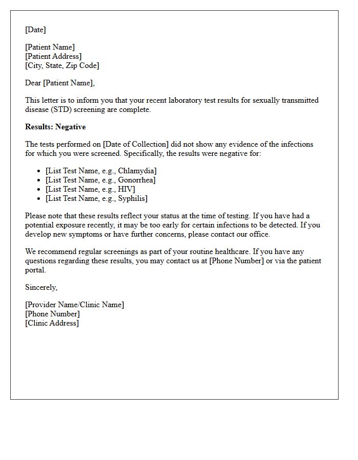 Standard Negative Sexually Transmitted Disease Screening Results Letter