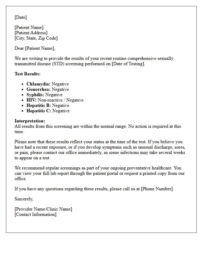 Routine Comprehensive Sexually Transmitted Disease Screening Results Letter