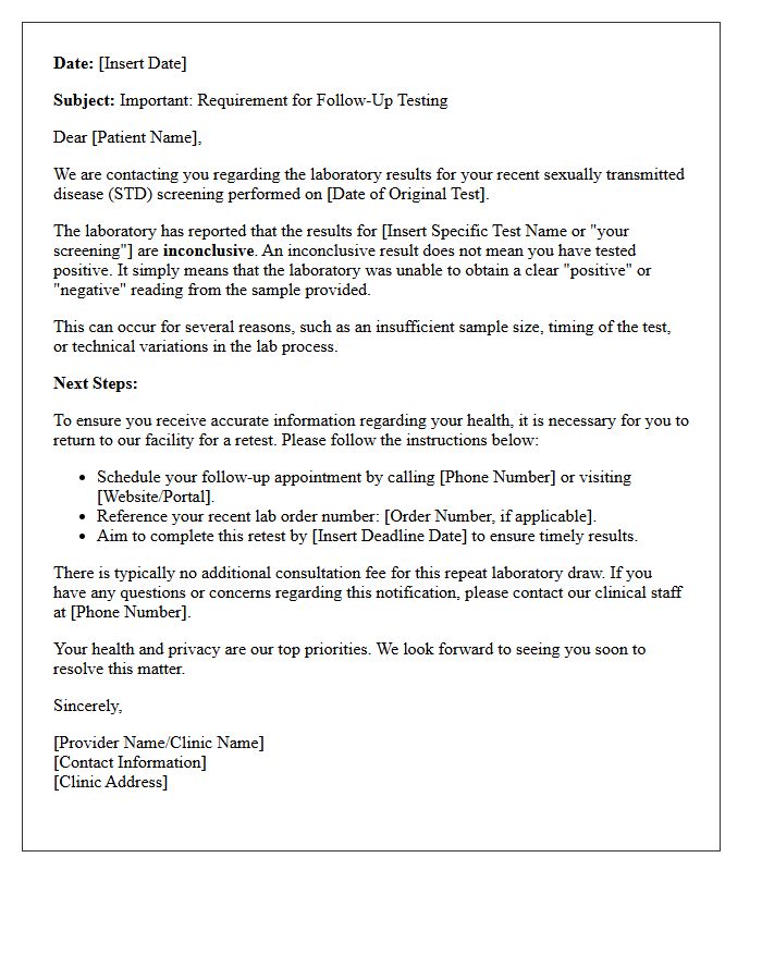 Inconclusive Sexually Transmitted Disease Screening Results Retest Letter