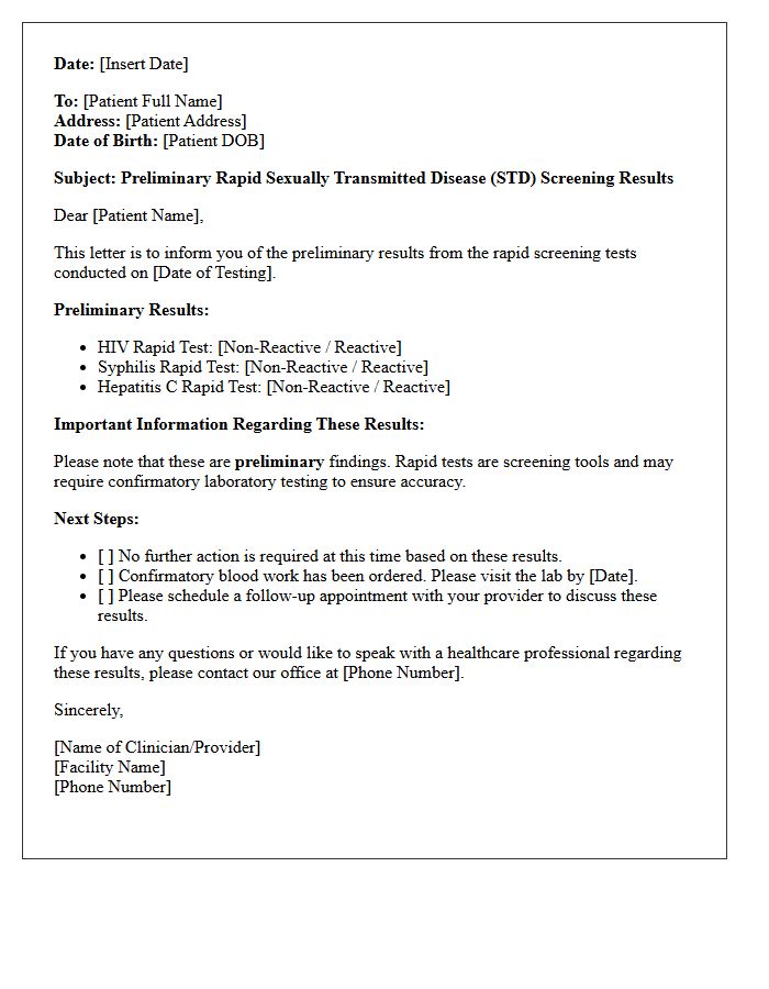 Preliminary Rapid Sexually Transmitted Disease Screening Results Letter